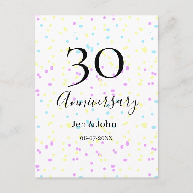 Postal Puntos polka azules rosados amarillos nombre 30 an (Anverso)