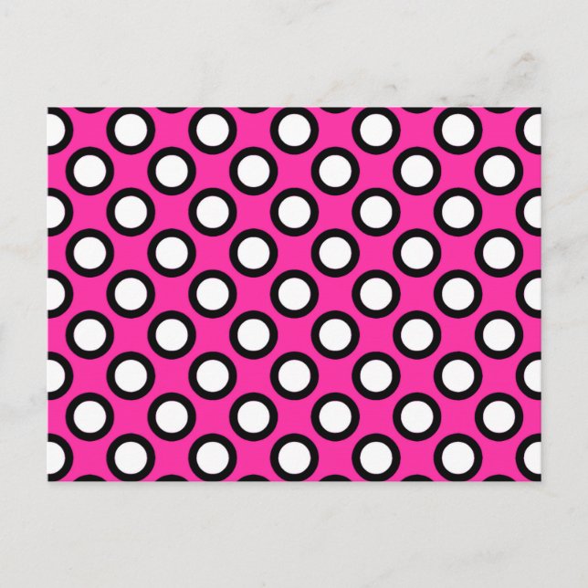 Postal Puntos retro en círculo, fucsia, blanco y negro (Anverso)