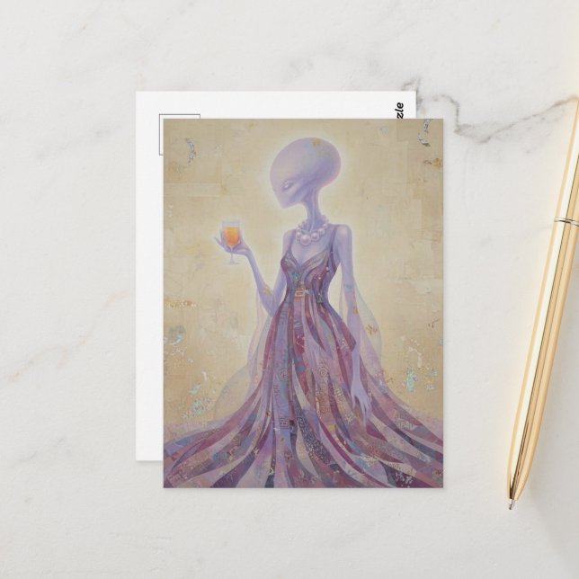 Postal Purple Beautiful Alien Lady With Orange Juice (Anverso/Reverso In Situ)