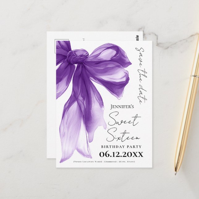 Postal Purple Bow Coquette Sweet 16 Save the Date  (Anverso/Reverso In Situ)