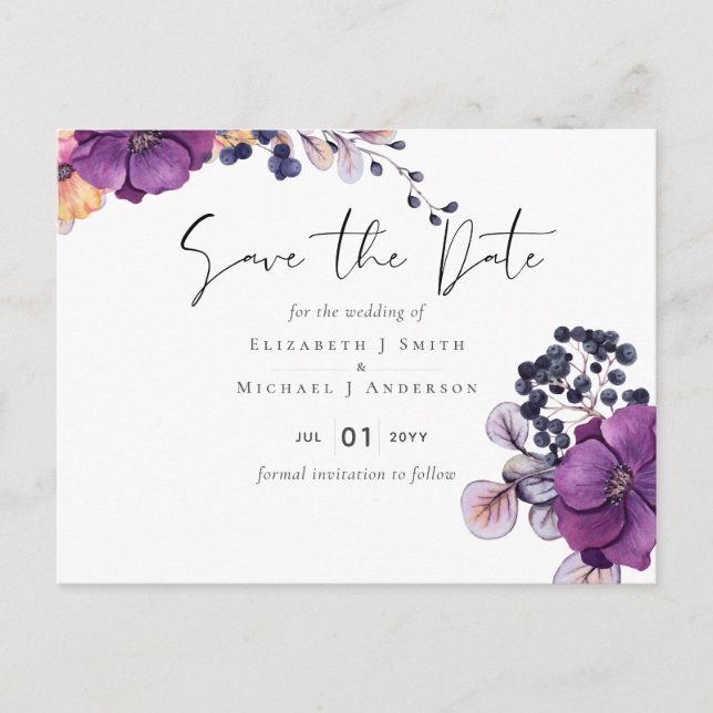 Postal Purple Dark Floral Budget Boda Salir Fechas (Anverso)