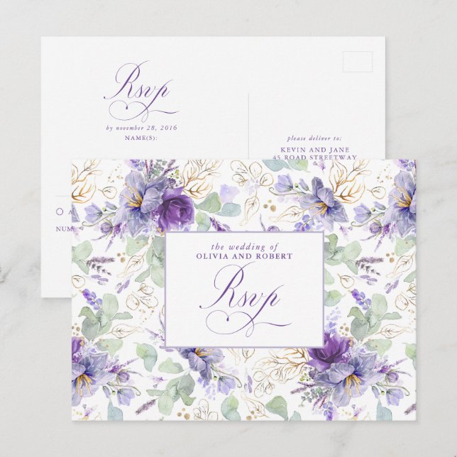 Postal Purple Elegant Botanical Wedding RSVP Postcard (Anverso / Reverso)