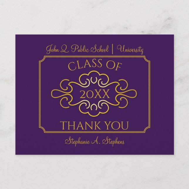 Postal Purple elegante | Graduación de Gold College Graci (Anverso)