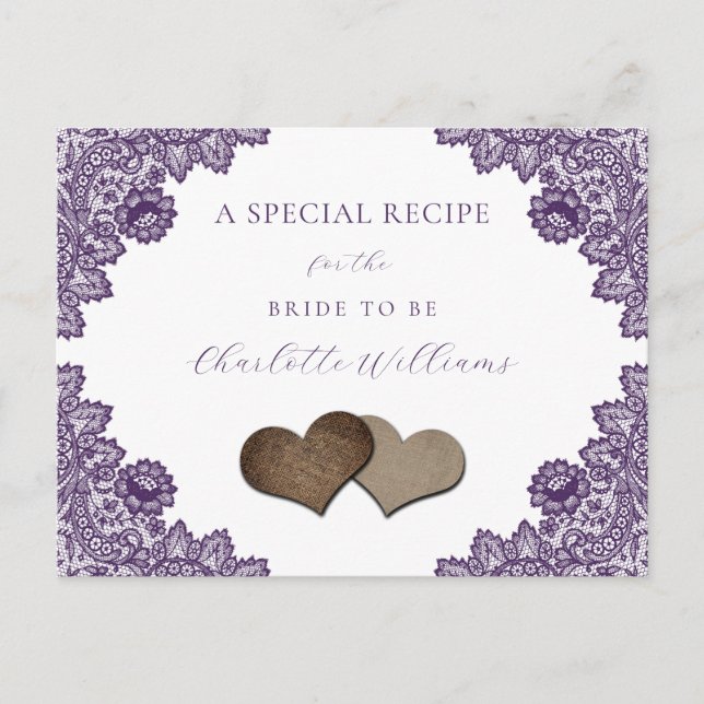 Postal Purple Floral Lace Bridal Shower Recipe Card (Anverso)