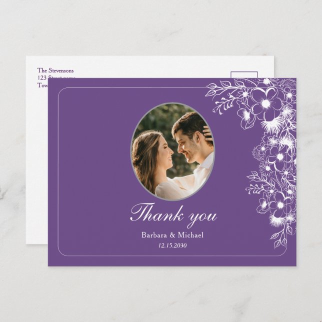 Postal Purple Floral Photo Wedding Thank You (Anverso / Reverso)