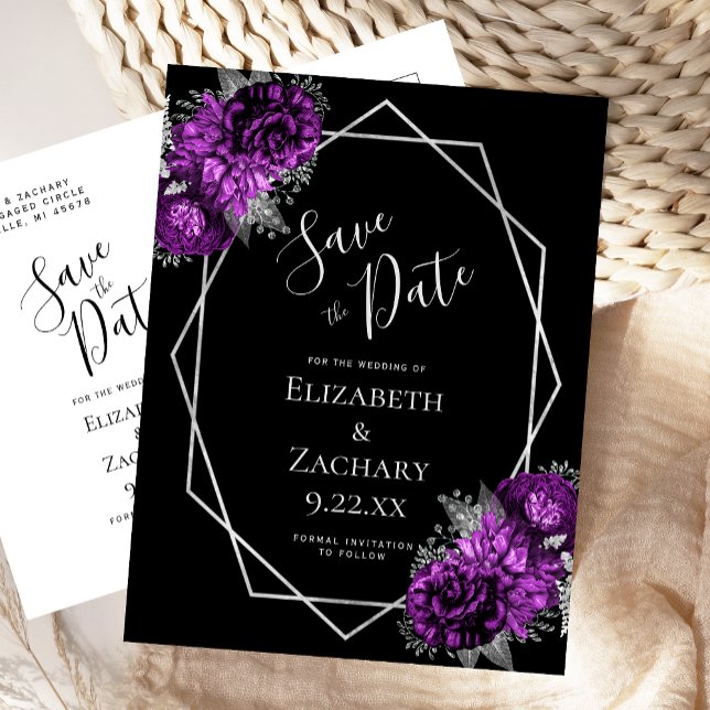 Postal Purple Floral Silver Geo Frame Black Save the Date (Subido por el creador)