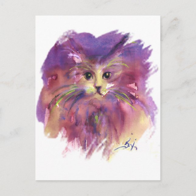 POSTAL PURPLE KITTEN, KITTY CAT RETRATO CON COLORIDO PAW (Anverso)