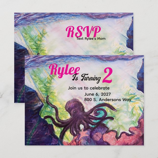 Postal Purple Octopus Reef Illustrated Invitation (Anverso / Reverso)
