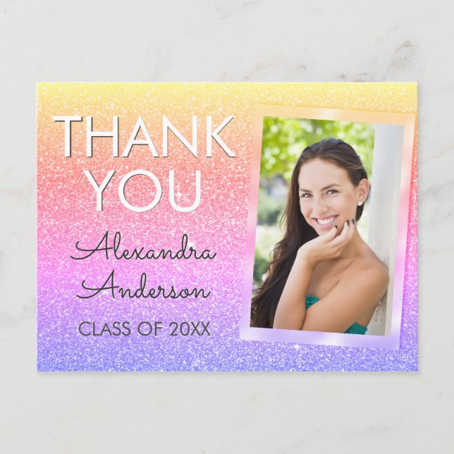 Postal Purple Pink Glitter Graduation Thank You (Anverso)