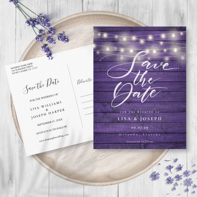 Postal Purple Rustic Wood String Lights Save the Date (Purple Rustic Wood String Lights Save the Date Postcard)