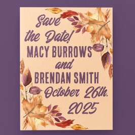 Postal Púrpura acuarela de otoño deja de guardar la fecha