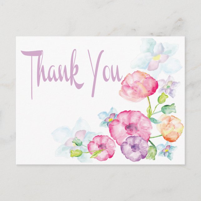 Postal Púrpura acuarela Gracias Flor Rosa y Púrpura (Anverso)