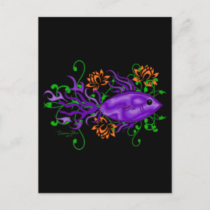 Postal Púrpura Betta Fish Lotus Flores Arte Acuático
