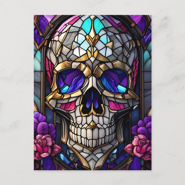 Postal Púrpura, Faux Stained Glass, Skull, Gótico (Anverso)