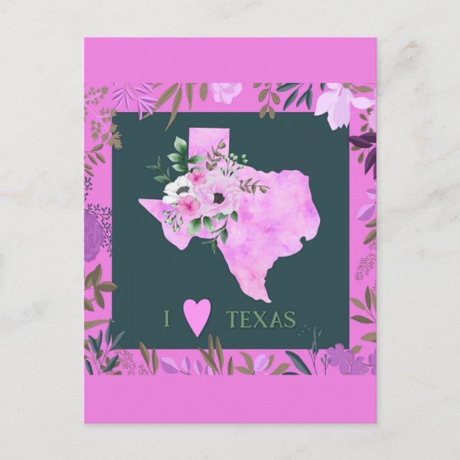 Postal Púrpura Floral I Love Texas State Map Postcard (Anverso)
