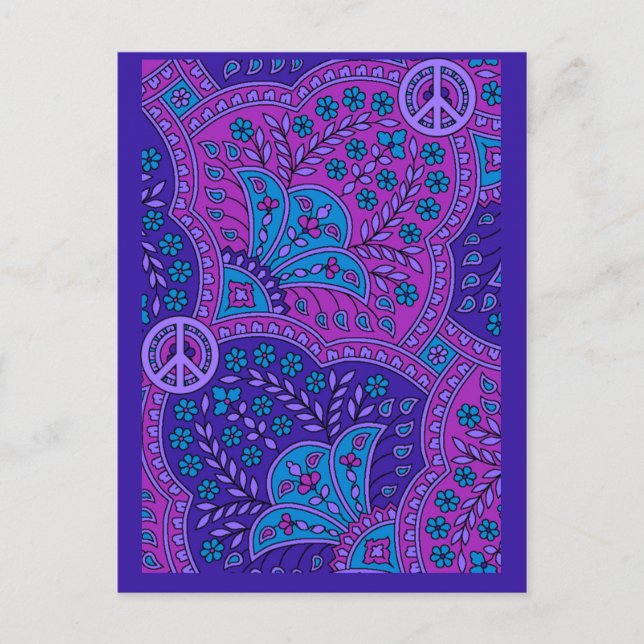 Postal Púrpura Paisley con carteles de paz POSTCARDS para (Anverso)