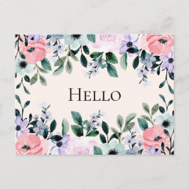 Postal Púrpura rosa y color de agua verde floral Hola