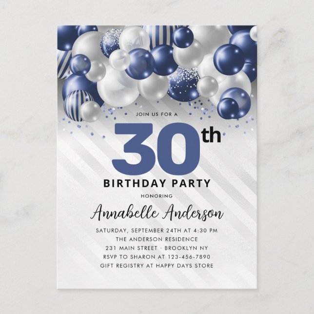Postal Purpurina 30 cumpleaños del globo Navy Blue Silver (Anverso)