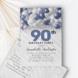 Postal Purpurina 90º cumpleaños de Navy Blue Balloon<br><div class="desc">Purpurina de globo de plata azul de la Marina de Glam moderna se esparce a cualquier edad Invitación de cumpleaños</div>