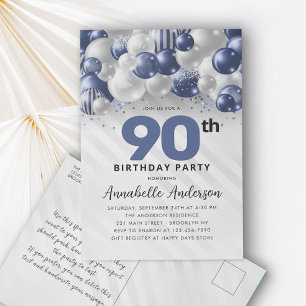 Postal Purpurina 90º cumpleaños de Navy Blue Balloon
