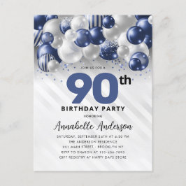 Postal Purpurina 90º cumpleaños del globo Navy Blue Silve