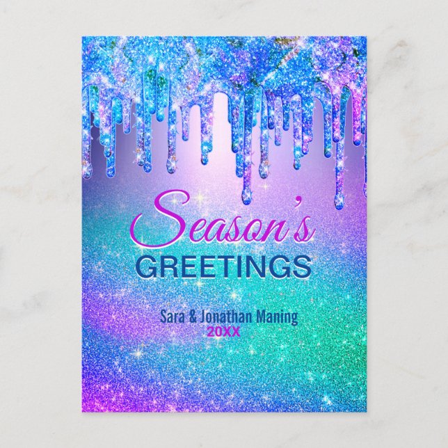 Postal purpurina azul moda oscuro gotea Navidades año nue (Anverso)