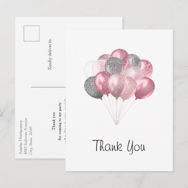 Postal Purpurina Balloon Bunch Pink and Silver Gracias (Anverso / Reverso)