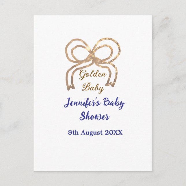 Postal Purpurina bebé dorado proa ducha real azul bebé (Anverso)