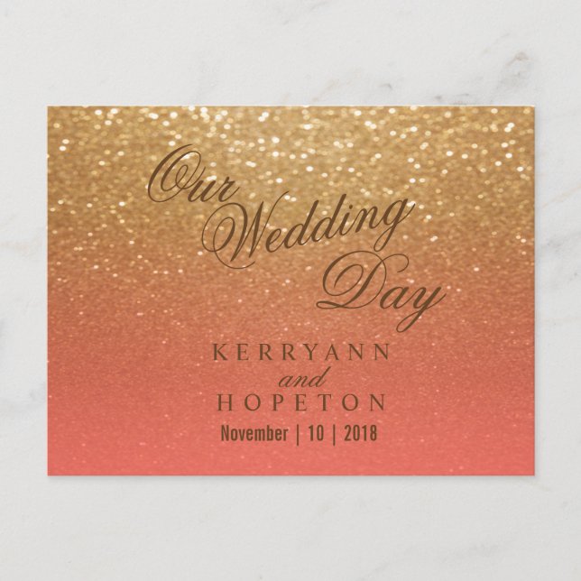 Postal Purpurina de coral y oro - RSVP (Anverso)