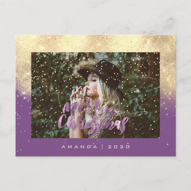 Postal Purpurina de foto de Morple Gold de Feliz Navidad (Anverso)