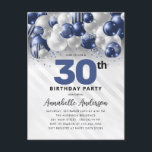 Postal Purpurina de globo de plata azul de la Marina Cual<br><div class="desc">Purpurina de globo de plata azul de la Marina de Glam moderna se esparce a cualquier edad Invitación de cumpleaños</div>