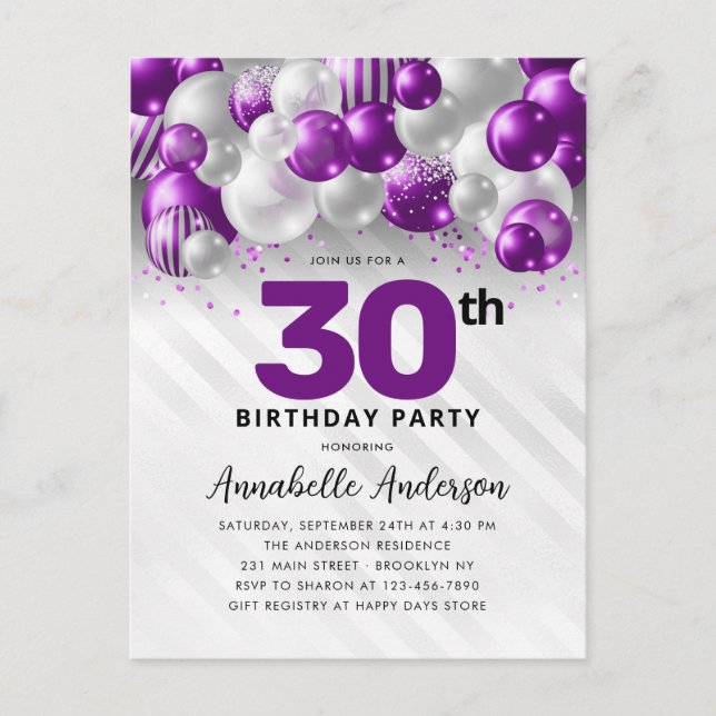 Postal Purpurina de globo de plata morada Cualquier cumpl (Anverso)
