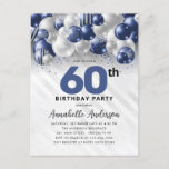 Postal Purpurina de globo Navy Blue Silver 60 cumpleaños<br><div class="desc">Purpurina de globo de plata azul de la Marina de Glam moderna se esparce a cualquier edad Invitación de cumpleaños</div>