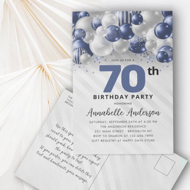 Postal Purpurina de globo Navy Blue Silver 70 cumpleaños (Subido por el creador)