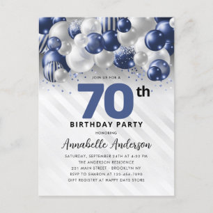 Postal Purpurina de globo Navy Blue Silver 70 cumpleaños