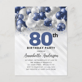 Postal Purpurina de globo Navy Blue Silver 80 cumpleaños