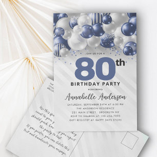 Postal Purpurina de globo Navy Blue Silver 80 cumpleaños