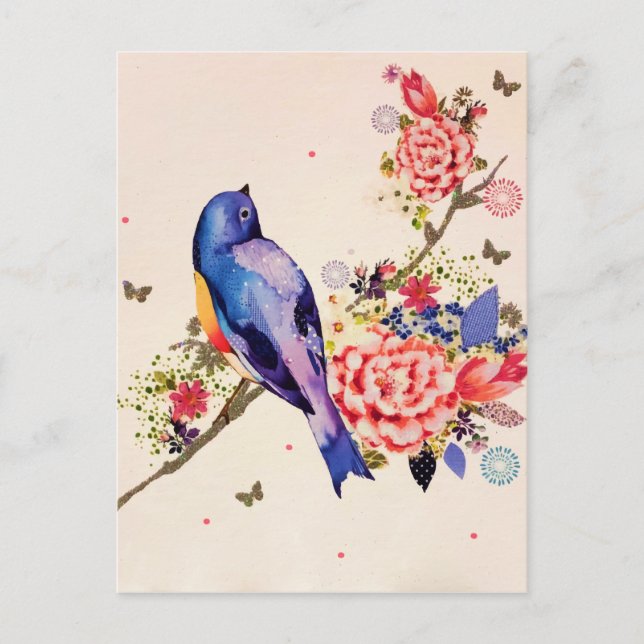 Postal Purpurina de mariposa dorada azul pájaro rojo flor (Anverso)