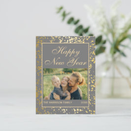 Postal Purpurina de oro brillante foto de año nuevo gris 