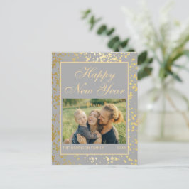 Postal Purpurina de oro brillante foto gris de año nuevo