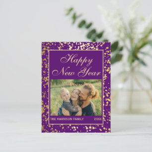 Postal Purpurina de oro brillante foto morada de año nuev
