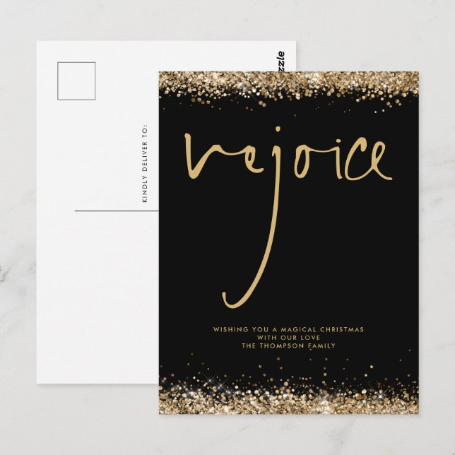 Postal Purpurina de oro de guión de alegría Navidades de  (Anverso / Reverso)