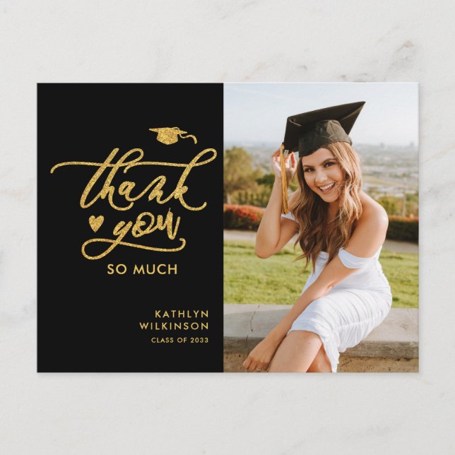 Postal Purpurina de oro Elegant Script Graduation Gracias (Anverso)