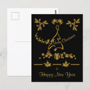 Postal Purpurina de oro Feliz Navidad, Santa Claus