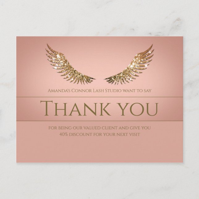 Postal Purpurina de oro Lash Wings Gracias Descuento Rosa (Anverso)