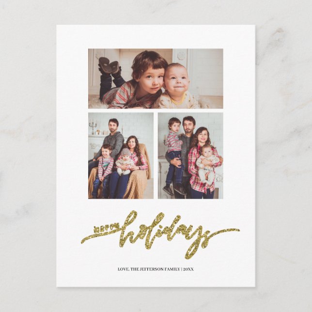 Postal Purpurina de oro Navidades 3 vacaciones de Collage (Anverso)