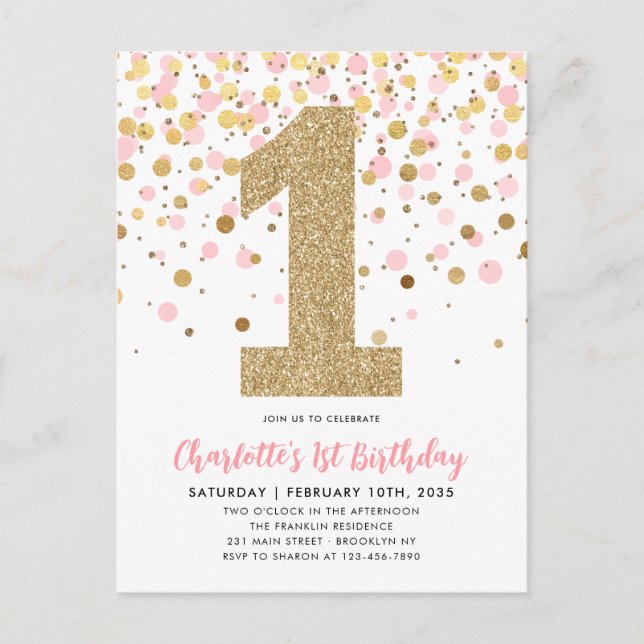 Postal Purpurina de Oro Rosa Cute Chica Confetti Primer c (Anverso)