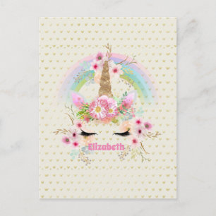 Postal Purpurina de oro rosa de Unicornio parece floral d
