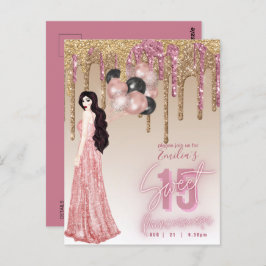 Postal Purpurina de oro rosa Quinceanera Brunette Chica