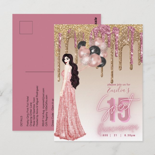 Postal Purpurina de oro rosa Quinceanera Brunette Chica (Anverso / Reverso)